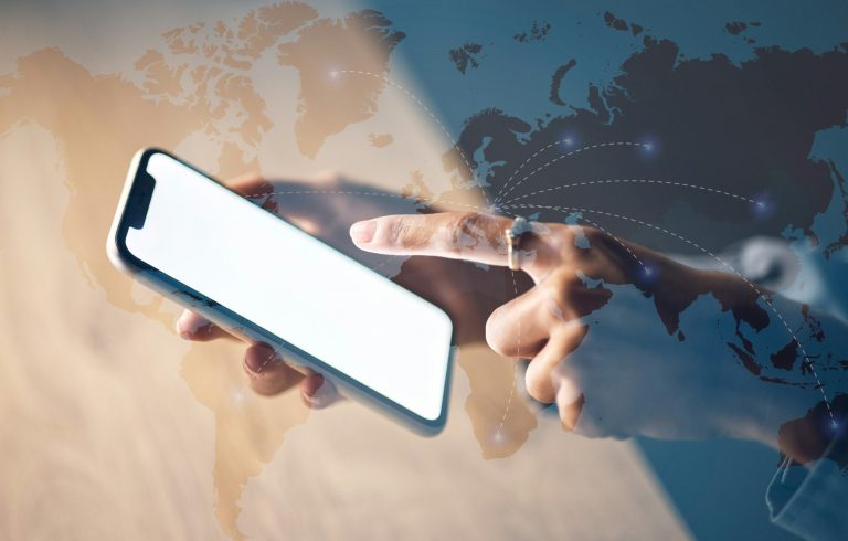 Globe abstract, hands and phone screen for global networking mockup, digital transformation app or