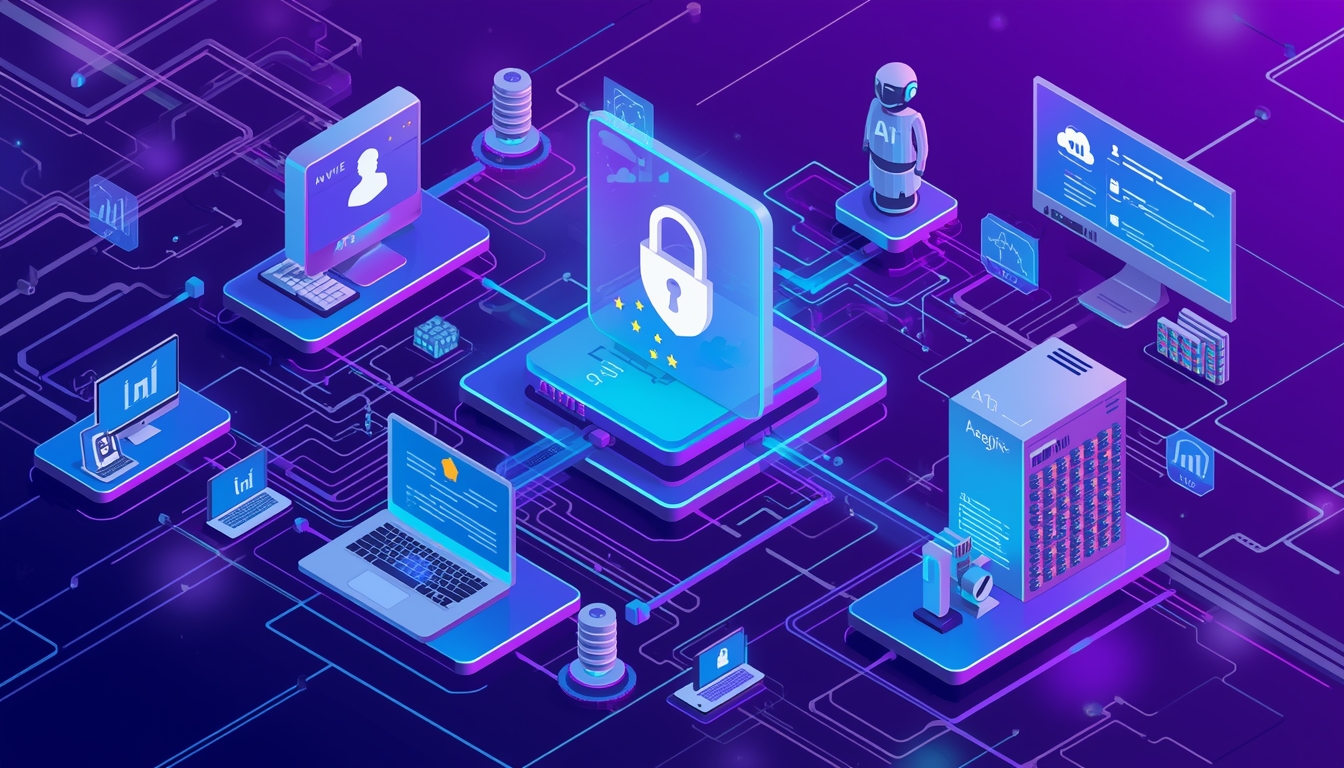 lucid origin High end corporate illustration showing an enterprise AI ecosystem composed of m 0 1